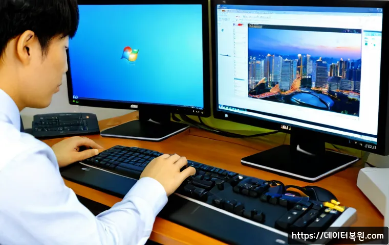 충정로 STATUS_KERNEL_MODULE_CORRUPTION - Photorealistic remote IT support workstation in a compact Chungjeong-ro office, dual monitors showin...