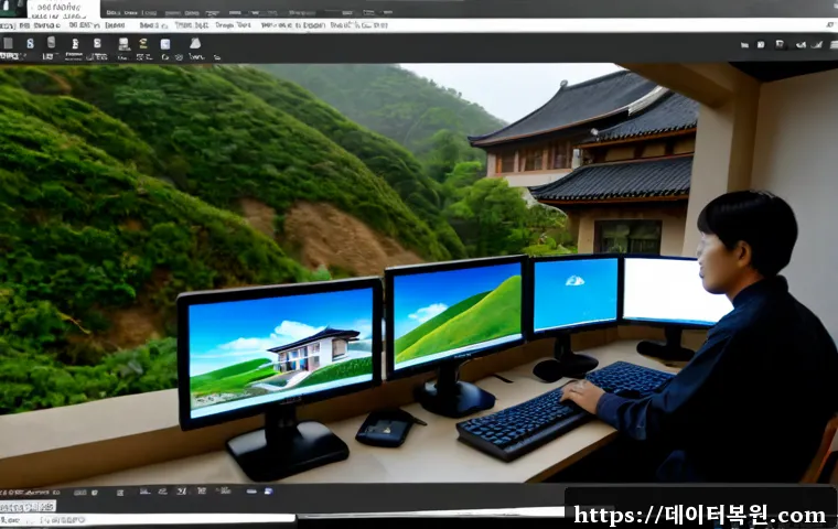 누하동 SESSION_HAS_VALID_VIEWS_ON_EXIT - Photorealistic remote-support workstation in a quiet historic hillside neighborhood, dual monitors s...