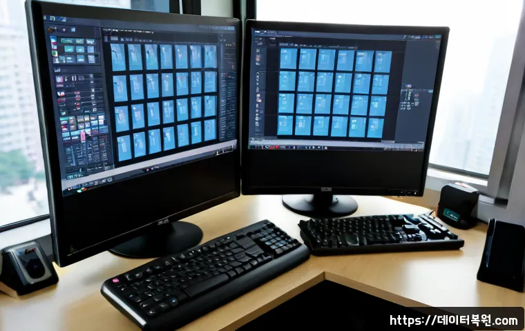 응암동 STATUS_FILE_CORRUPTION - Photorealistic remote-support workstation in a compact Eungam-dong apartment office, dual monitors s...