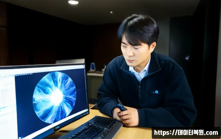 삼각동 WIN32K_LOCK_HELD_TOO_LONG - Photorealistic IT support workstation in Samgak-dong, dual monitors showing a frozen blue-toned abst...