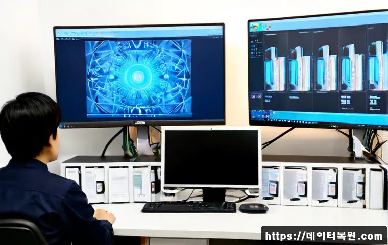 관철동 STATUS_KERNEL_LOG_FAILURE - Photorealistic IT support workstation in a compact Gwancheol-dong office, dual monitors showing a fr...