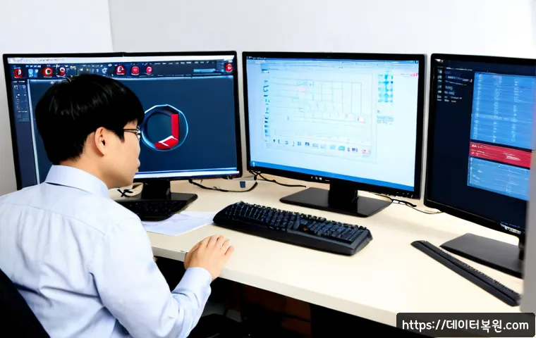 대자동 STATUS_SECURITY_POLICY_VIOLATION - Photorealistic IT support workstation in a modern office near a quiet suburban Korean district, dual...