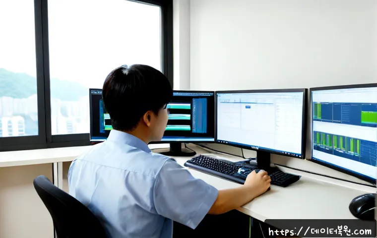 신원동 SESSION5_INITIALIZATION_FAILED - Photorealistic modern IT support workstation in Sinwon-dong, a focused engineer studying a dual-moni...