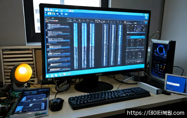 용두동 BAD_SYSTEM_CONFIG_INFO - Photorealistic IT support workstation in a compact Yongdu-dong apartment office, desktop monitor sho...