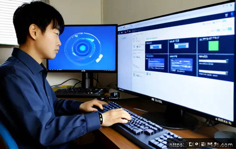 쌍령동 STATUS_KERNEL_DRIVER_CORRUPTION - Photorealistic IT support workstation in a quiet Korean apartment district, dual monitors showing a ...