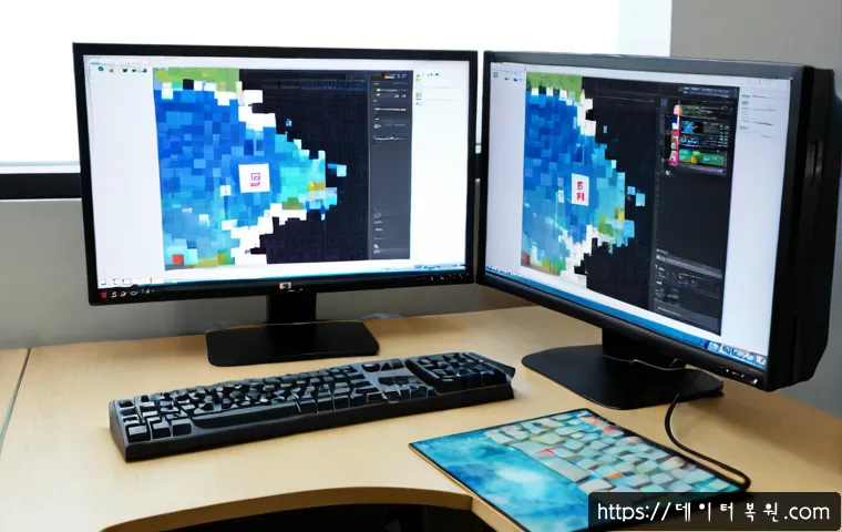 대흥동 STATUS_IMAGE_CORRUPTION - Photorealistic remote-support workstation in a compact Daeheung-dong office, dual monitors showing a...