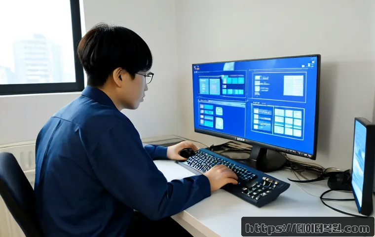 자양동 STATUS_PAGE_FAULT - Photorealistic remote IT support workstation in a compact riverside apartment office, dual monitors ...