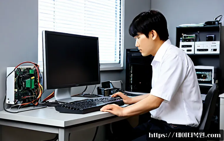 하면 STATUS_KERNEL_POWER_FAILURE - Photorealistic IT support workstation, desktop computer abruptly powered off during a detailed 3D me...