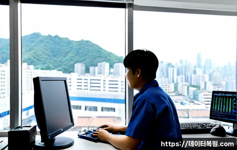 광희동 STATUS_KERNEL_BOOT_DRIVE_ERROR - Photorealistic IT support workstation in a compact Kwanghee-dong electronics repair office, dual mon...