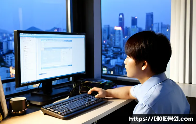 중랑구 NDIS_INTERNAL_ERROR - Photorealistic IT support workstation in Jungnang-gu, Seoul, a technician studying a desktop monitor...