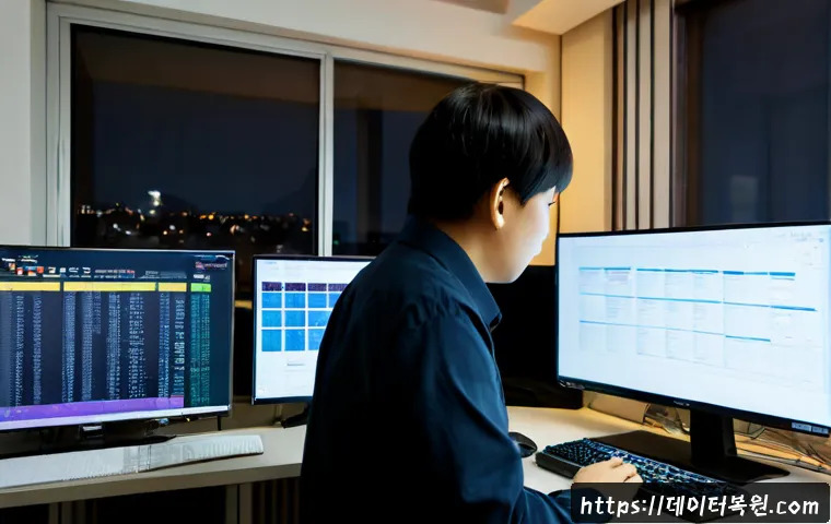 도림동 STATUS_INSUFFICIENT_RESOURCES - Photorealistic remote IT support workstation in a compact Dorim-dong apartment office, dual monitors...