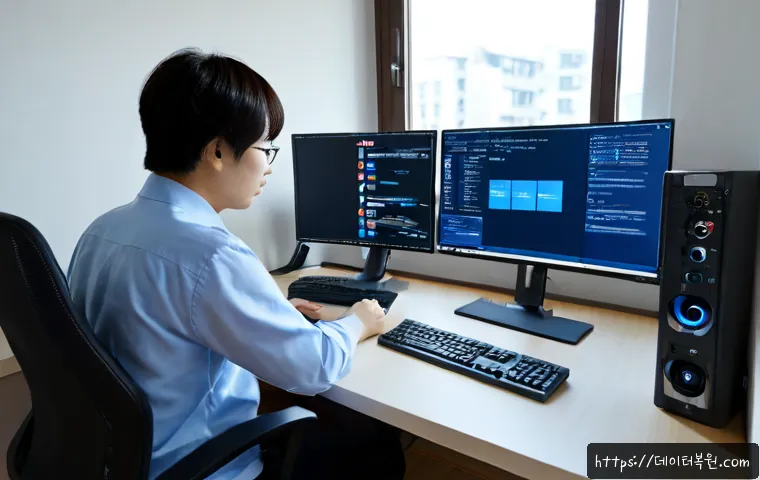 중곡동 STATUS_KERNEL_BLOCKED - Photorealistic IT support workstation in a compact apartment office, dual monitors showing a non-tex...