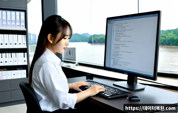 여의도 FAT_FILE_SYSTEM - Photorealistic IT support workstation in a modern Yeouido office tower, technician organizing remova...