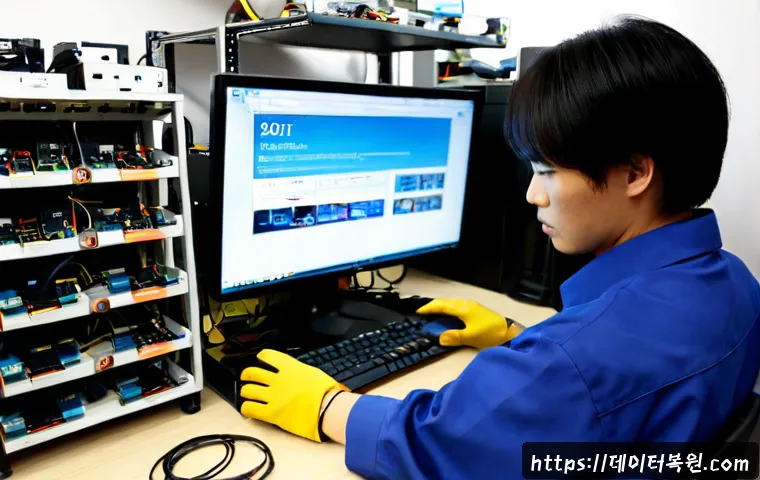 묵정동 그래픽카드조립 및 교체수리 - Photorealistic computer repair workstation in a compact Mujeong-dong electronics shop, technician we...