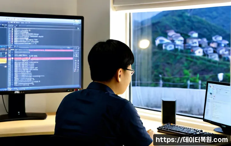 구수동 STATUS_SESSION_TIMEOUT - Photorealistic remote-support workstation in a compact hillside apartment office, frustrated technic...