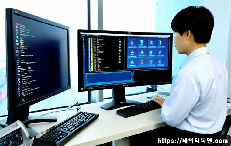 평동 WATCHDOG_VIOLATION - Photorealistic IT support workstation in a quiet Pyeongdong industrial office, dual monitors showing...
