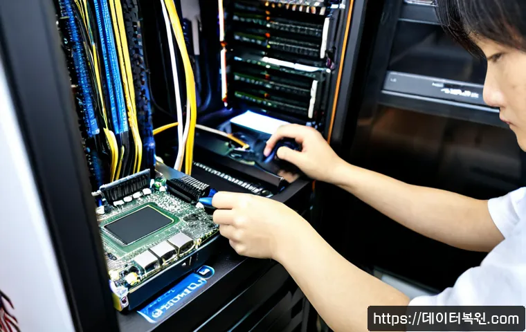 남대문 VGA조립 및 교체수리 - Photorealistic computer repair workstation in a compact electronics arcade near Namdaemun, technicia...