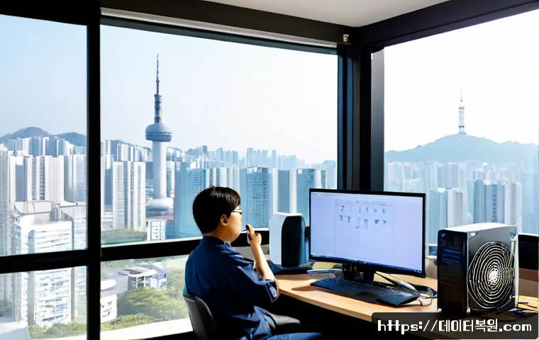 오곡동 팬돌다 멈춤 - Photorealistic remote-support workstation in a quiet residential office, desktop tower side panel op...