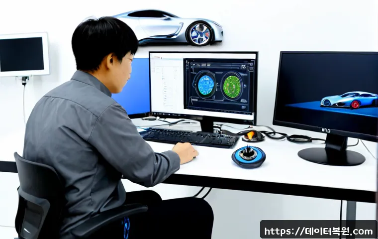 주자동 모니터화면 안나옴 - Photorealistic automotive design workstation in a modern Korean-style repair studio, dual desktop mo...