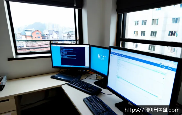 보문동 IRQL_NOT_LESS_OR_EQUAL - Photorealistic IT support workstation in a compact Bomun-dong apartment office, dual monitors showin...