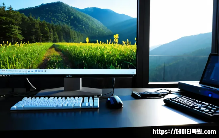 진관동 NMI_HARDWARE_FAILURE - Photorealistic IT support workstation in a modern apartment near quiet forested foothills, desktop t...