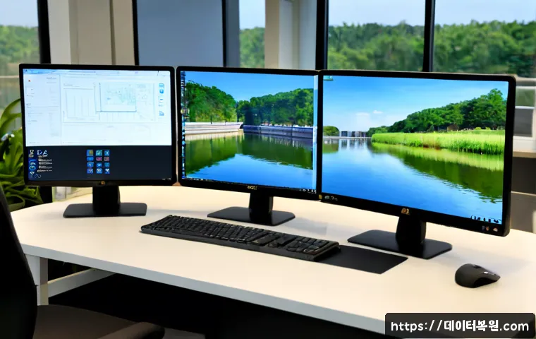 덕은동 STATUS_INVALID_THREAD - Photorealistic IT support workstation in a modern riverside office near a quiet urban greenway, dual...
