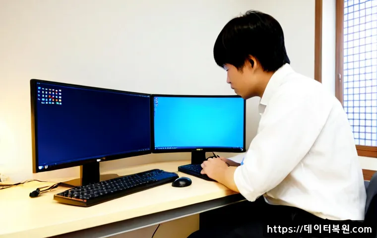돈암동 STATUS_KERNEL_PERMISSION_DENIED - Photorealistic IT support workstation in a compact Donam-dong apartment office, dual monitors showin...