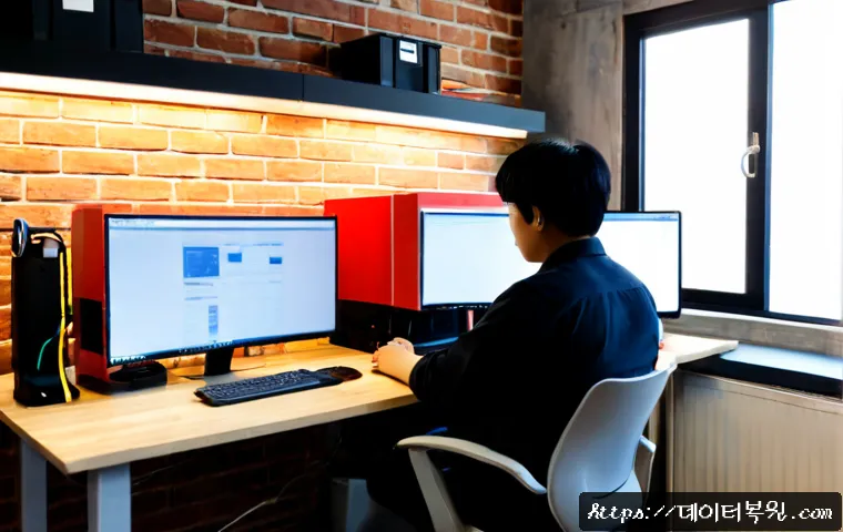 당인동 STATUS_STACK_UNDERFLOW - Photorealistic IT support workstation in a compact Dangin-dong creative office, dual monitors showin...