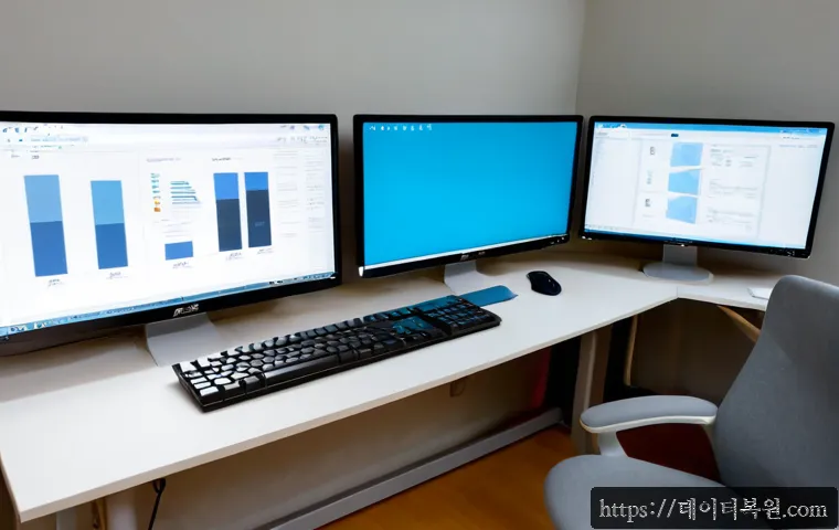 삼각동 SESSION_HAS_VALID_VIEWS_ON_EXIT - Photorealistic software support workstation in a compact Seoul office near Samgak-dong, dual monitor...