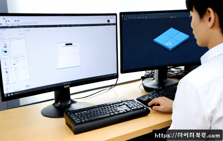 덕양구 자동복구 - Photorealistic remote-support workstation in Deogyang-gu, dual monitors showing a clean unlabeled au...