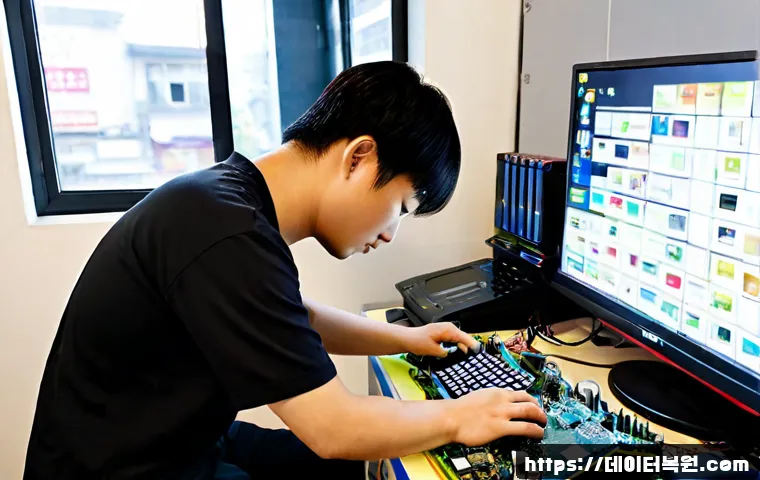 효창동 그래픽카드조립 및 교체수리 - Photorealistic computer repair workstation in a compact Hyochang-dong electronics shop, technician c...
