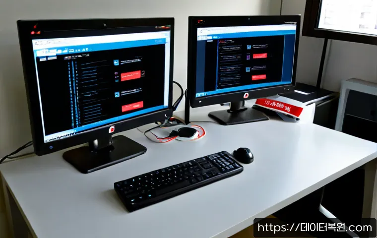 종암동 STATUS_IMAGE_CHECKSUM_MISMATCH - Photorealistic IT support workstation in a compact Jongam-dong apartment office, dual monitors showi...