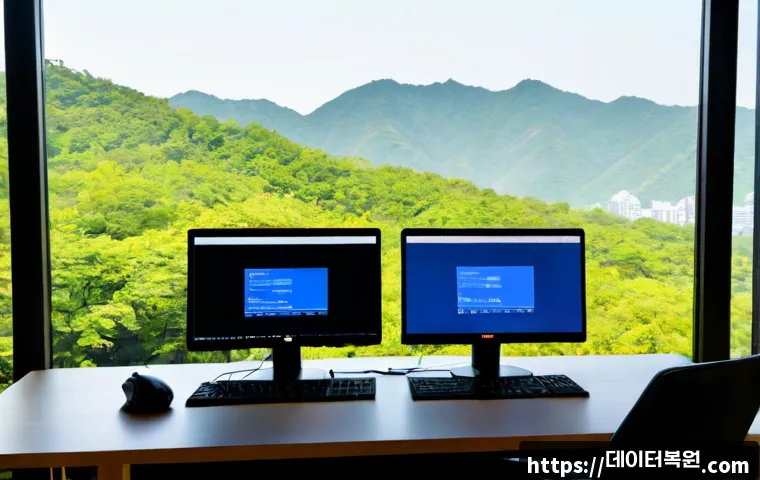 평창동 IRQL_NOT_LESS_OR_EQUAL - Photorealistic premium home-office workstation in a quiet hillside Seoul neighborhood, dual monitors...