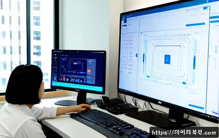 창전동 STATUS_KERNEL_LOG_FAILURE - Photorealistic IT support workstation in a compact Changjeon-dong studio office, dual monitors showi...