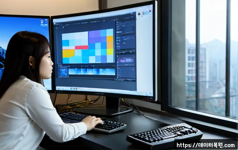 창동 VIDEO_MEMORY_MANAGEMENT_INTERNAL - Photorealistic IT support workstation in Changdong, dual-monitor desktop showing a frozen video-edit...
