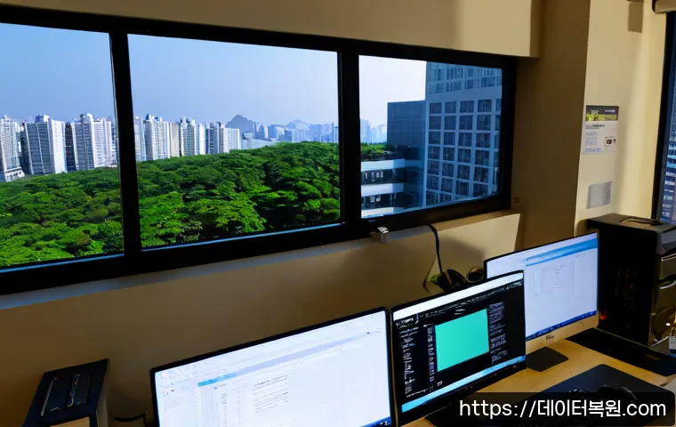 상일동 CDFS_FILE_SYSTEM - Photorealistic IT support workstation in a modern Sangil-dong office, dual monitors showing a clean ...