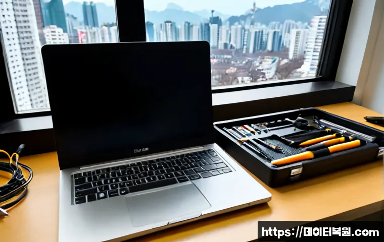 송파구 맥북프로 판매 및 수리 - Photorealistic premium laptop repair workstation in Songpa district, Seoul, a sleek silver professio...