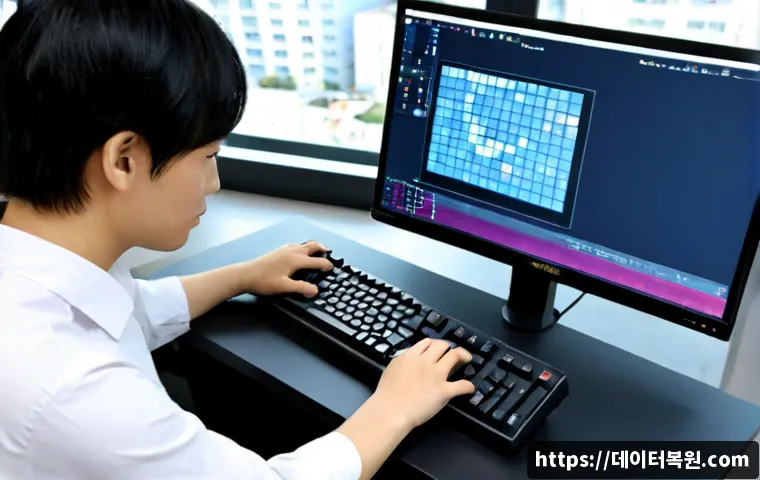 신도림 STATUS_MEMORY_ACCESS_DENIED - Photorealistic remote-support workstation in Sindorim, dual monitors showing an abstract 3D CAD asse...