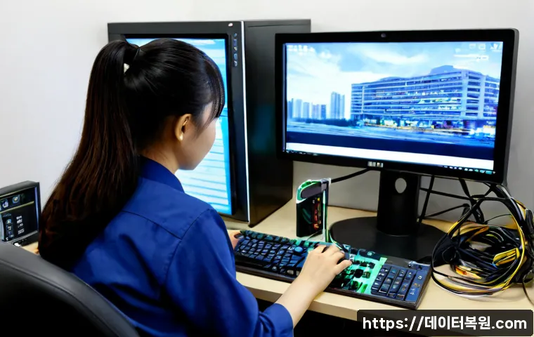 영등포구 pc복구중 - Photorealistic IT recovery workstation in a compact Yeongdeungpo office, technician reconnecting a d...