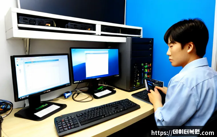 광장동 공장초기화복구 - Photorealistic remote-support workstation in a compact Gwangjang-dong electronics repair studio, dua...