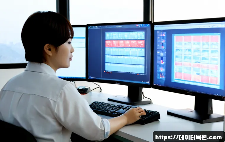 견지동 STATUS_KERNEL_EXECUTION_ERROR - Photorealistic IT support workstation in a quiet Kyeonji-dong office, dual monitors showing abstract...