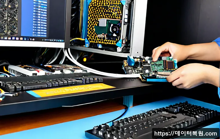 가리봉 VGA조립 및 교체수리 - Photorealistic computer repair bench in a compact Garibong electronics workshop, technician carefull...
