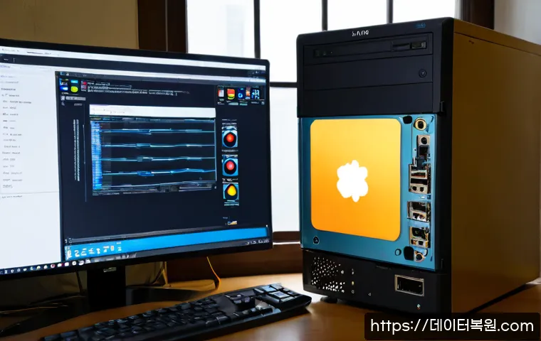 경운동 STATUS_KERNEL_BOOT_DRIVE_ERROR - Photorealistic PC repair workstation in a quiet historic Seoul neighborhood office, open desktop tow...
