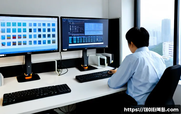 이촌동 SESSION_HAS_NO_PAGEFILE - Photorealistic IT support workstation in an Ichon-dong apartment office, dual monitors showing abstr...
