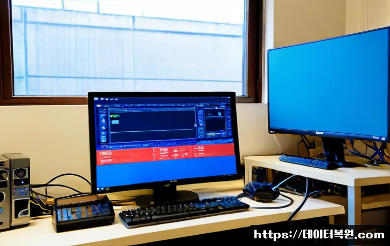 관수동 STATUS_KERNEL_RESOURCE_ERROR - Photorealistic remote-support workstation in a compact Jongno district office, dual monitors showing...