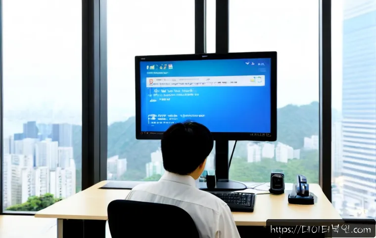 상일동 블루스크린 - Photorealistic IT support workstation in a modern Sangil-dong office tower, dual monitors with one s...