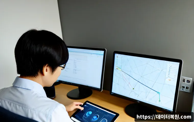 제기동 STATUS_INSTRUCTION_FAILED - Photorealistic IT support workstation in a compact Jegi-dong office, dual monitors showing a clean a...
