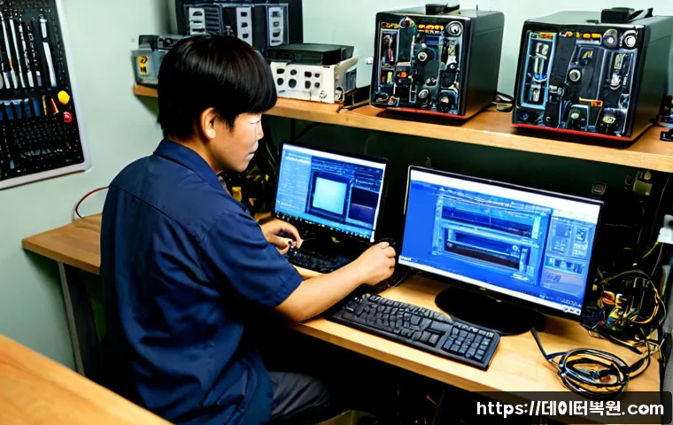 예지동 STATUS_INVALID_DEVICE_REQUEST - Photorealistic electronics repair workstation in a compact Yejidong-style alley workshop, technician...