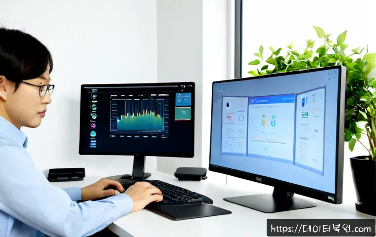 중대동 STATUS_FLOAT_OVERFLOW - Photorealistic remote-support workstation in a compact suburban office, dual monitors showing a clea...