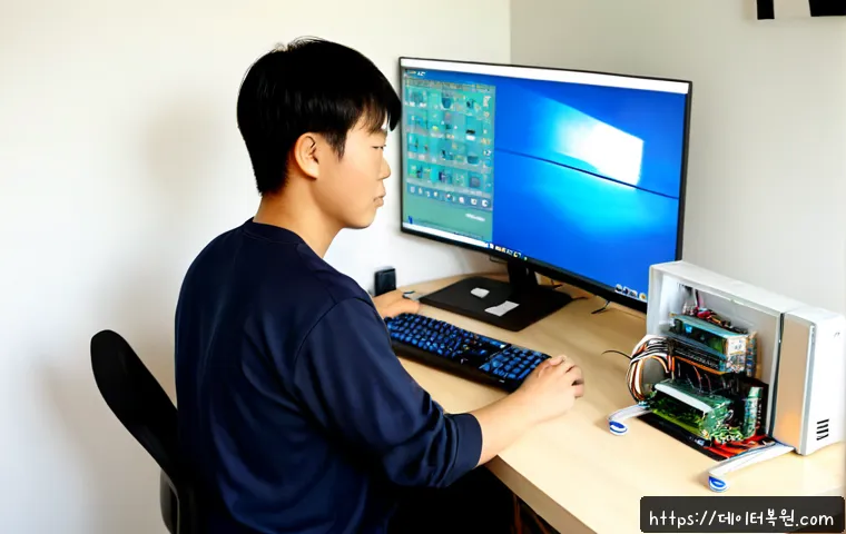 인헌동 컴퓨터 desktop 출장방문수리점 - Photorealistic desktop computer repair technician visiting a compact apartment home office near a qu...
